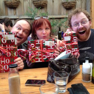 David Ashton, Petra Elliott and Ben McKenzie with presents from "Santa Capaldi" on Christmas Eve.